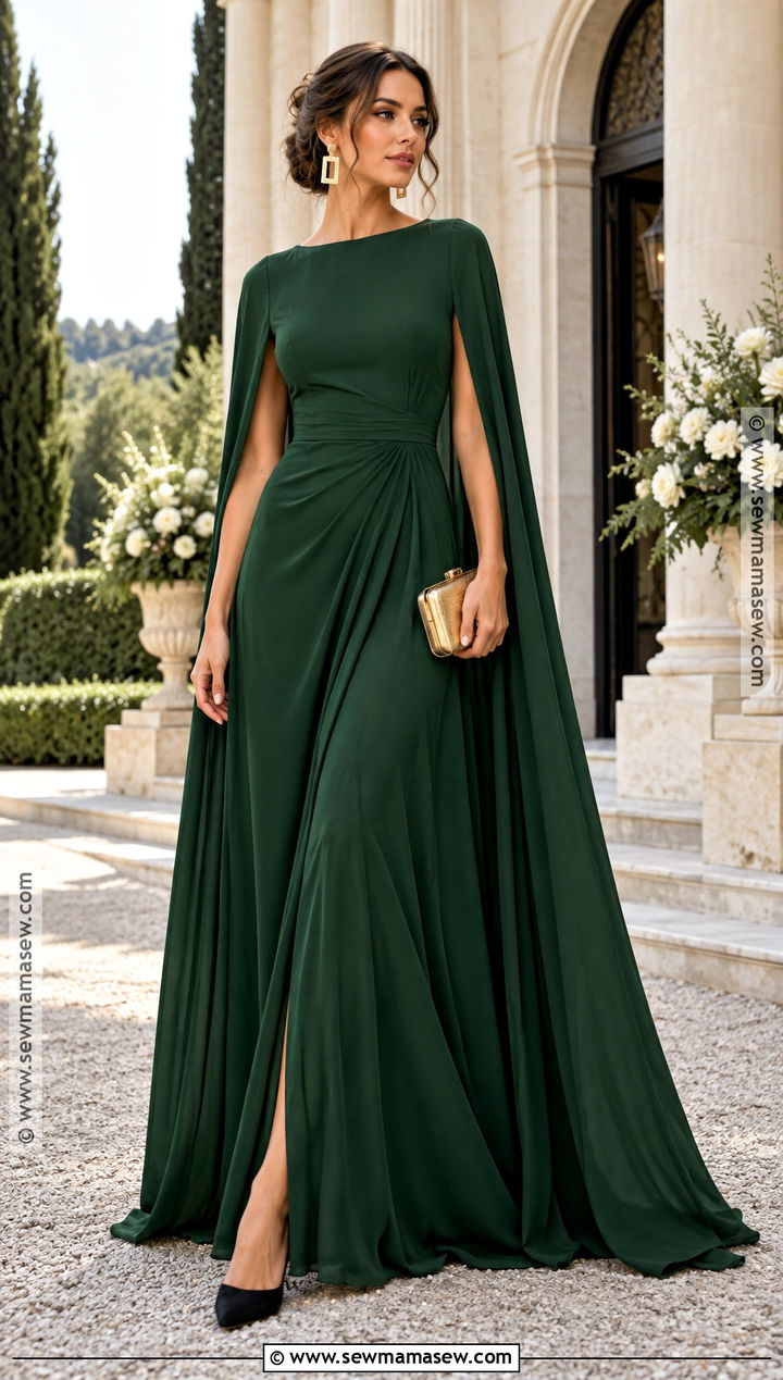 Forest Green Cape Maxi Dress Wedding Guest Outfit - 15 Long Dress Wedding Guest Fall Ideas