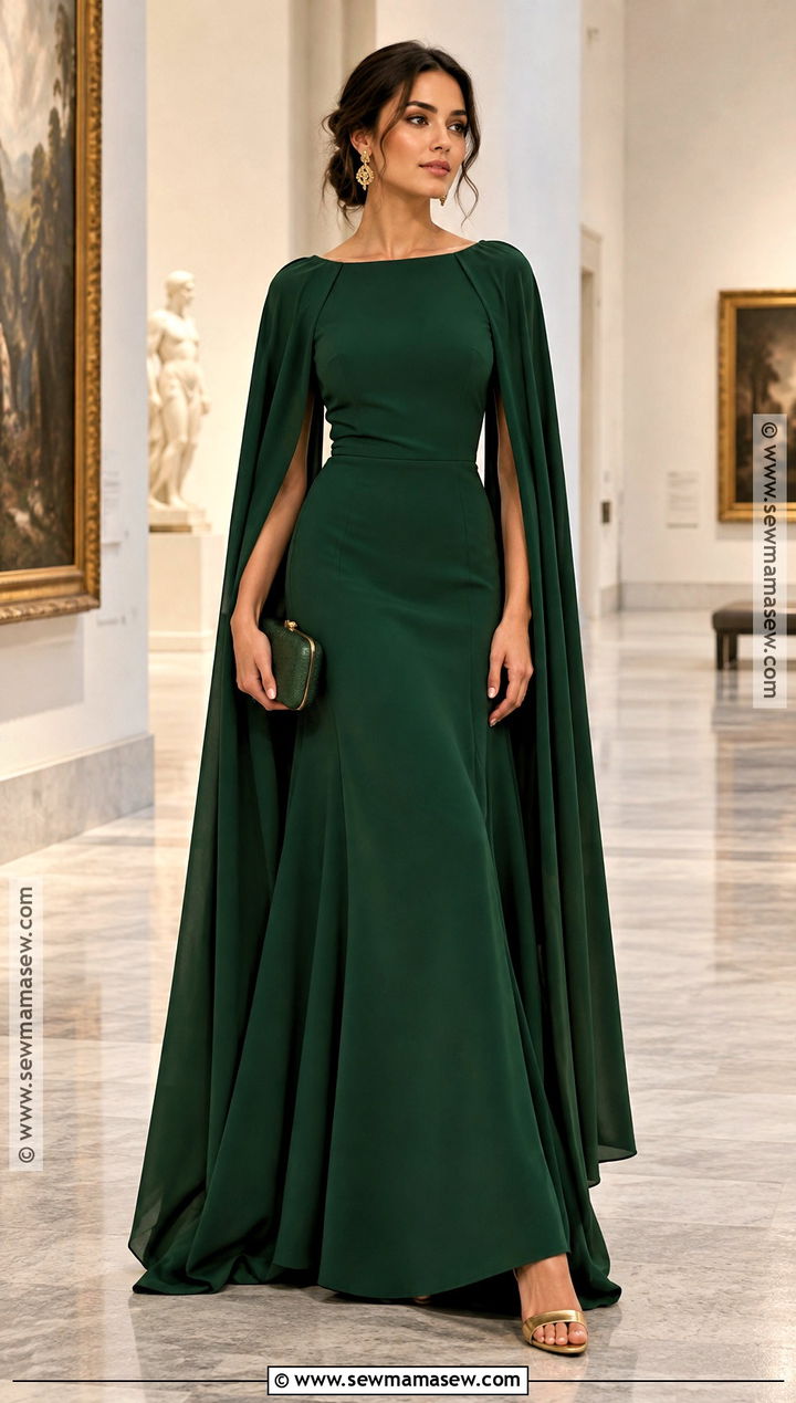 Forest Green Cape Sleeve Autumn Ball Gown - 20 Autumn Ball Gown Ideas