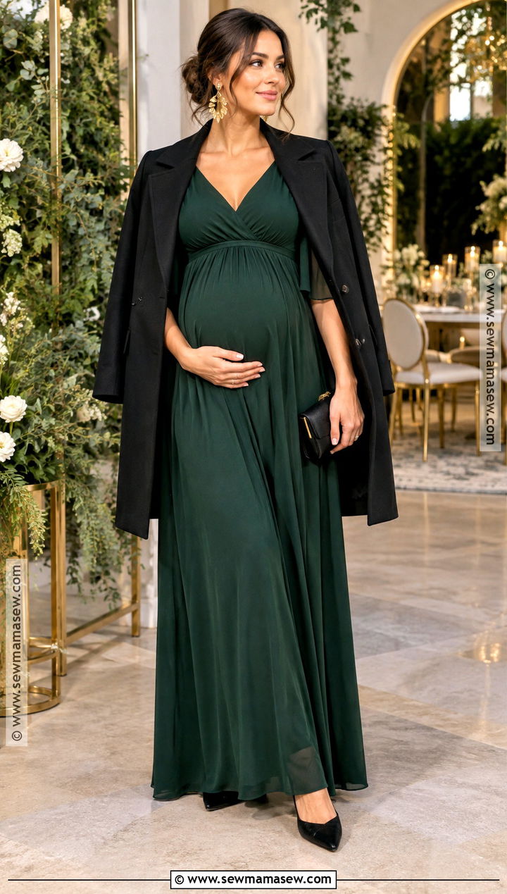Forest Green Cape Sleeve Baby Shower Dress - 20 fall baby shower dress ideas for moms