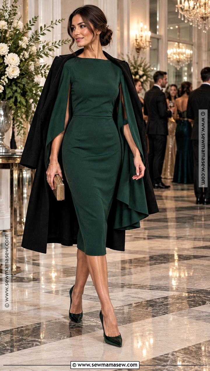 Forest Green Cape Sleeve Cocktail Dress - 20 cocktail dress fall ideas