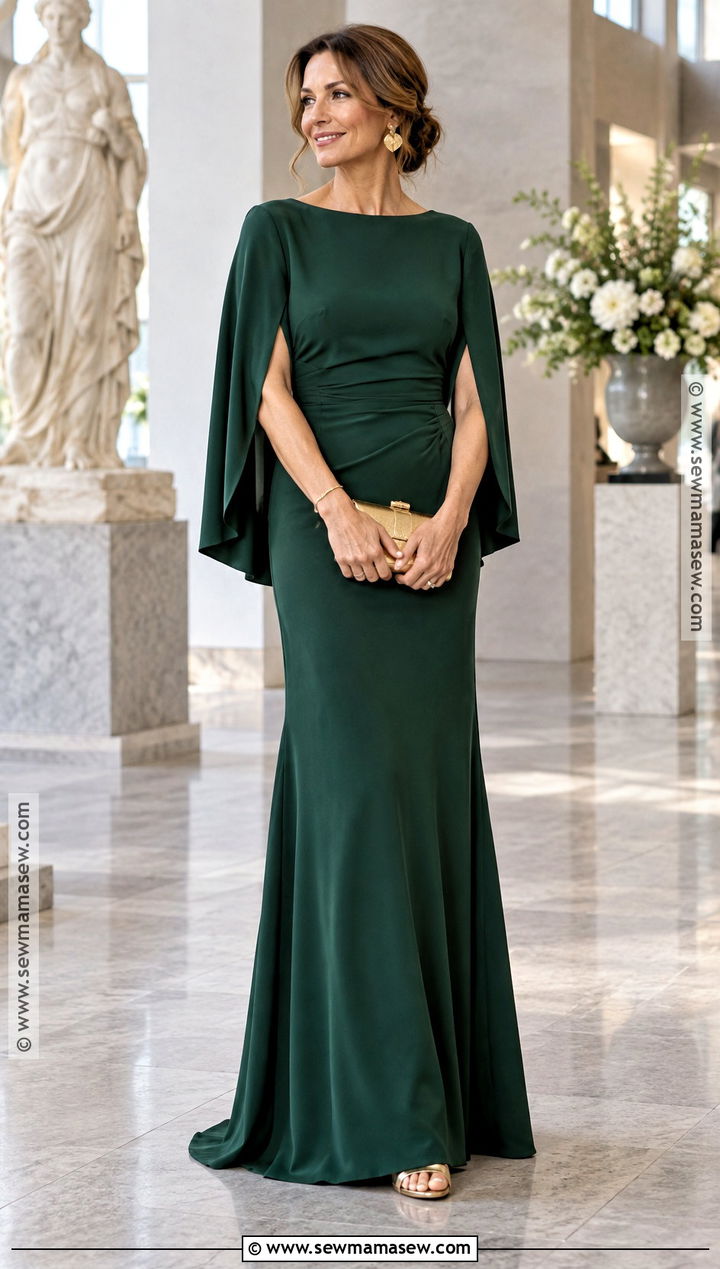 Forest Green Cape Sleeve Mother Of The Bride Dress - 15 Fall Mother Of Bride Dresses