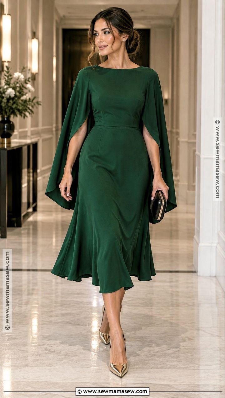 Forest Green Cape Sleeve Wedding Guest Dress - 15 Fall Winter Wedding Dresses