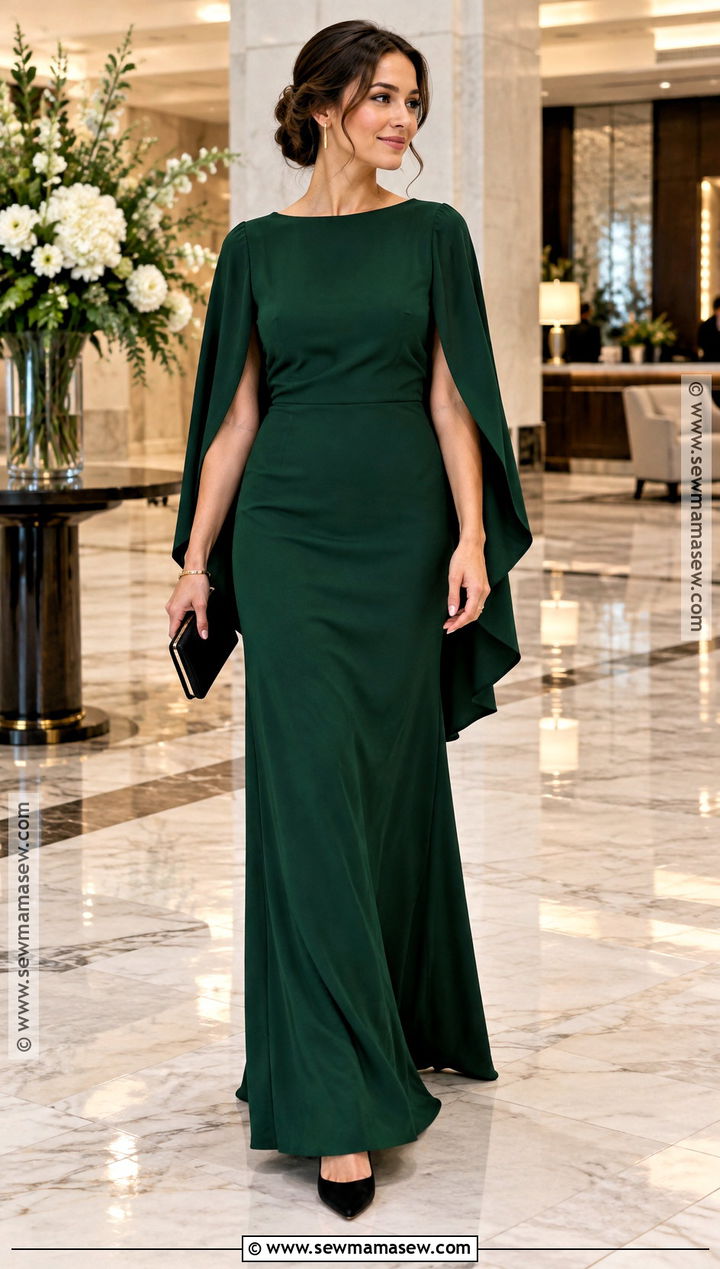 Forest Green Cape Sleeve Wedding Guest Gown - 15 October Formal Wedding Guest Dress Ideas