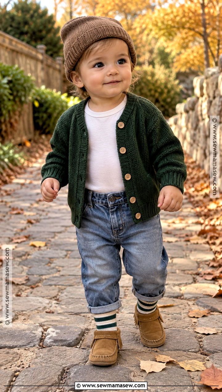 Forest Green Cardigan And Denim Outfit - 15 Green Baby Clothes Fall
