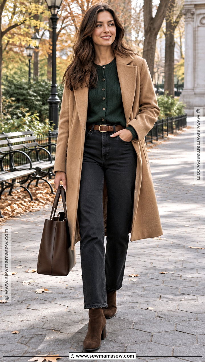 Forest Green Cardigan With Black Jeans And Suede Boots - 15 Autumn Themed Knitwear Ideas