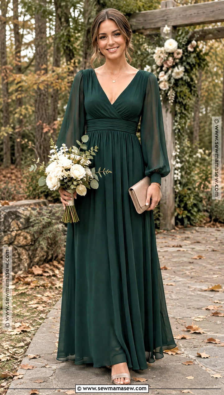 Forest Green Chiffon Bishop Sleeve Bridesmaid Dress - 15 Fall Bridesmaid Dresses With Sleeves