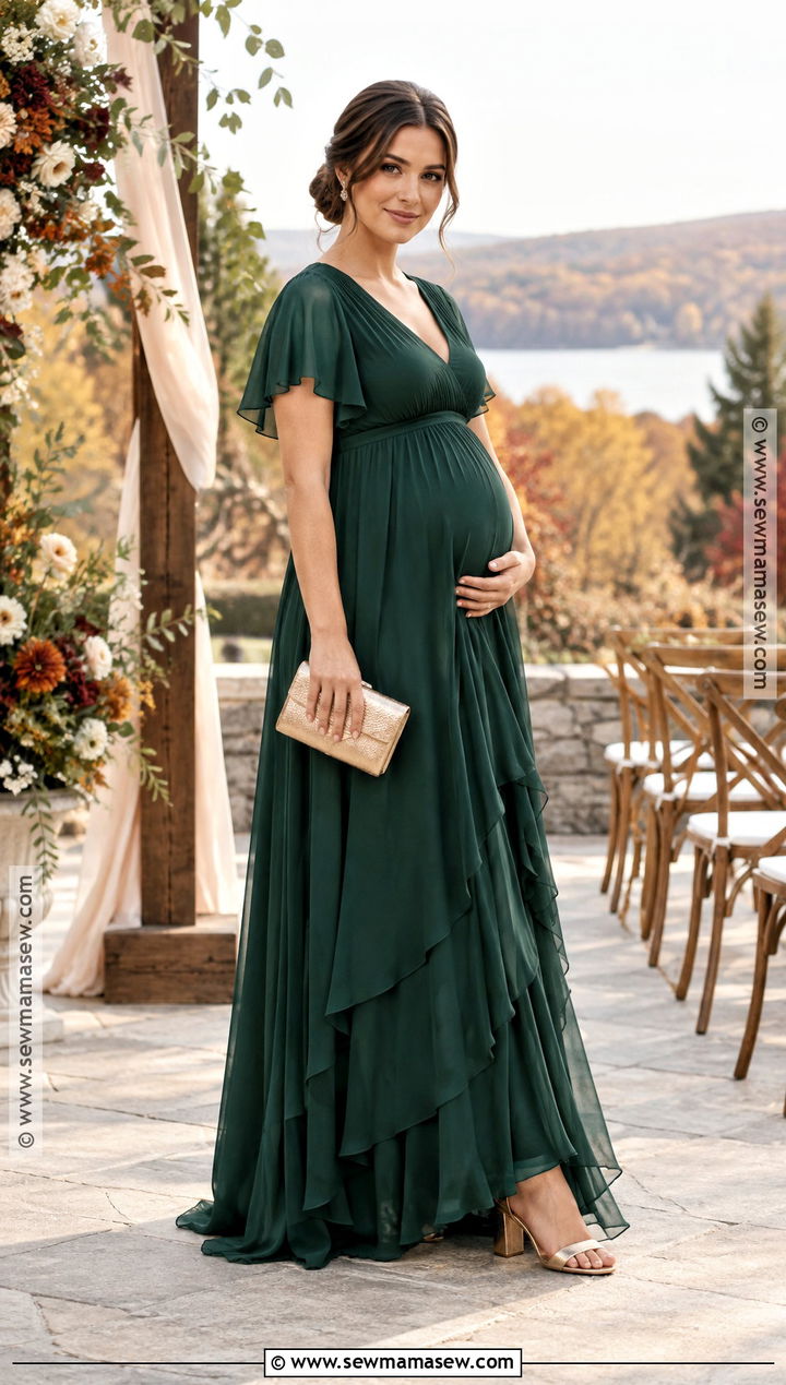 Forest Green Chiffon Maternity Gown - 20 fall maternity wedding guest dress ideas