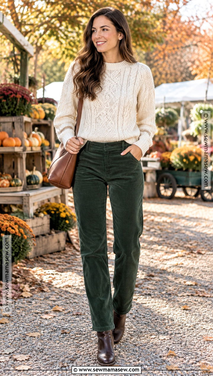 Forest Green Corduroy Pants With Cable Knit Sweater And Boots - 20 Cordoury Pants Outfits Fall
