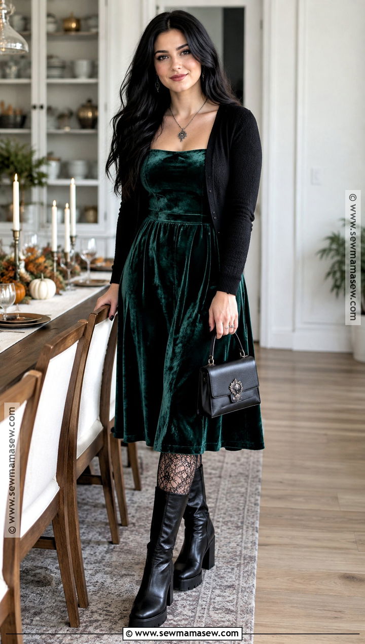 Forest Green Dress And Black Boots Goth Outfit - 15 thanksgiving outfit goth ideas