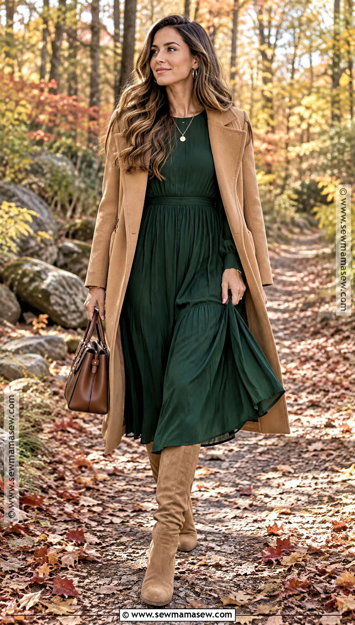 Forest Green Dress And Camel Coat Fall Picture Outfit - 25 fall picture outfits