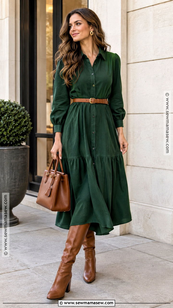 Forest Green Dress And Cognac Boots Autumn Outfit - 20 autumn color season outfits