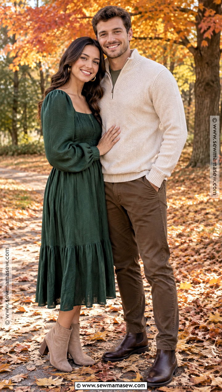 Forest Green Dress And Cream Quarter Zip Fall Couple Outfit - 20 fall pictures for couples outfits