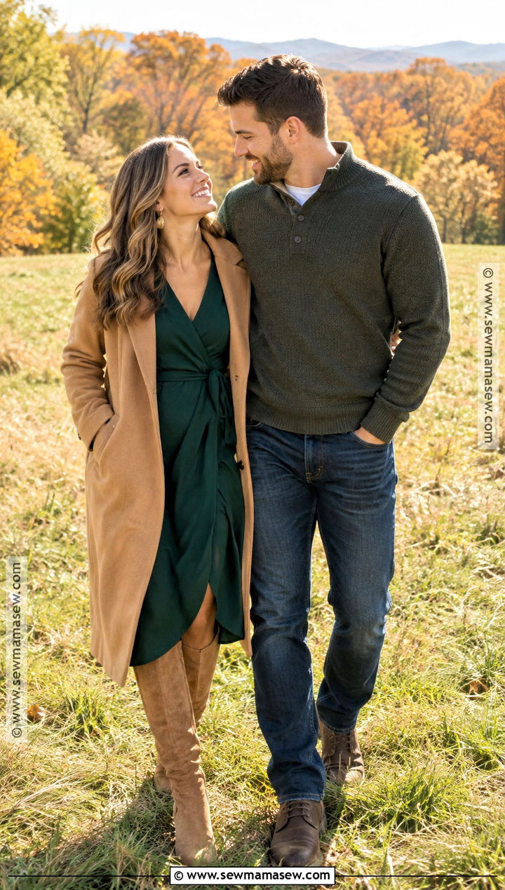 Forest Green Dress And Knee High Boots Fall Engagement Photo Outfit - 25 engagement photos outfits fall