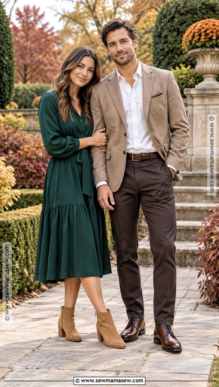 Forest Green Dress And Tan Blazer Couple Outfit - 15 Couple Picture Outfit Ideas Fall