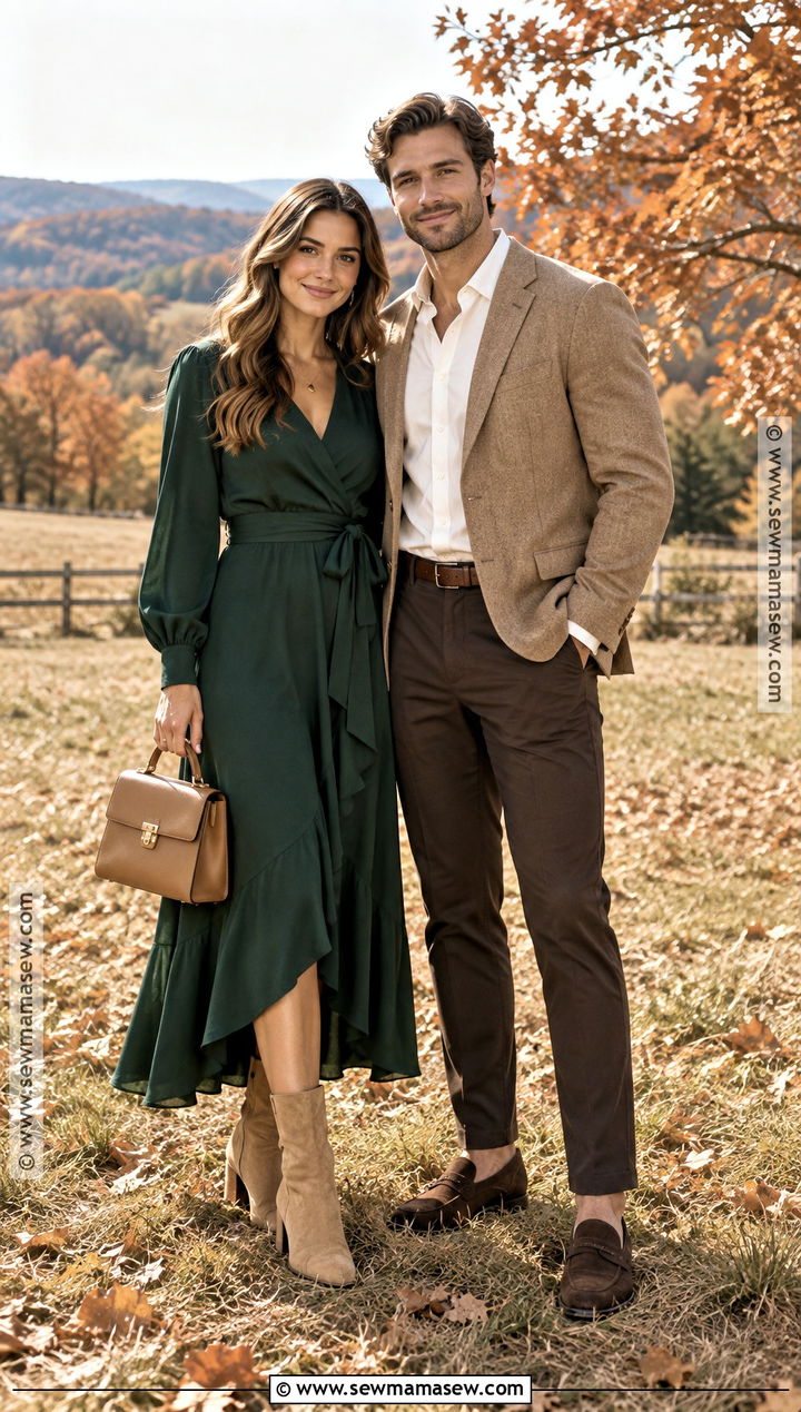 Forest Green Dress And Tan Blazer Fall Couples Outfit - 15 fall couples pics outfits