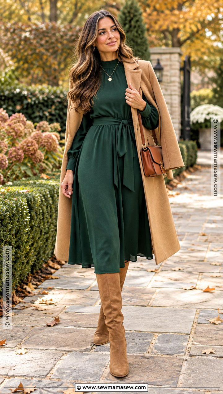 Forest Green Dress And Tan Boots Autumn Outfit - 25 autumn color outfits