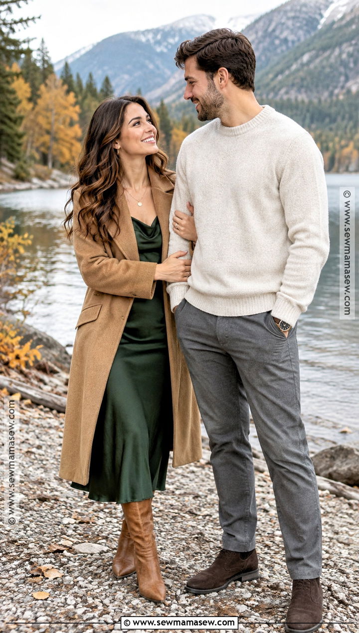 Forest Green Dress And Tan Coat Fall Engagement Photo Outfit - 20 outdoor engagement photos outfits fall