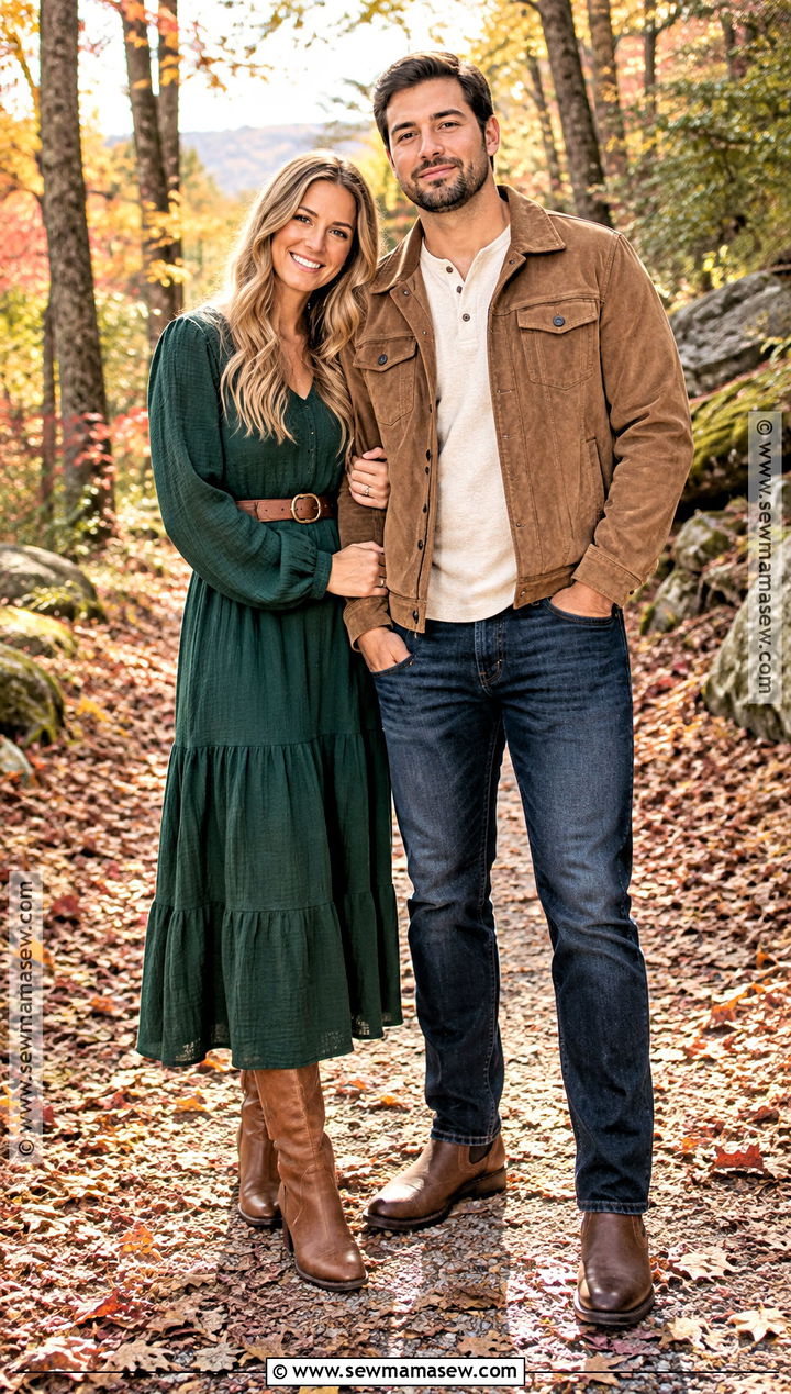 Forest Green Dress And Tan Jacket Fall Couples Photo Outfit - 20 Fall Outfits Couples Photo Ideas