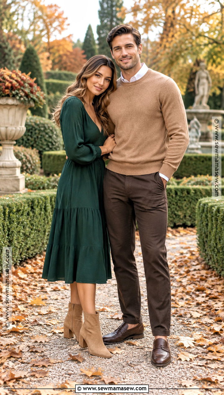 Forest Green Dress And Tan Sweater Couples Fall Photoshoot Outfit - 25 couples fall photoshoot outfits