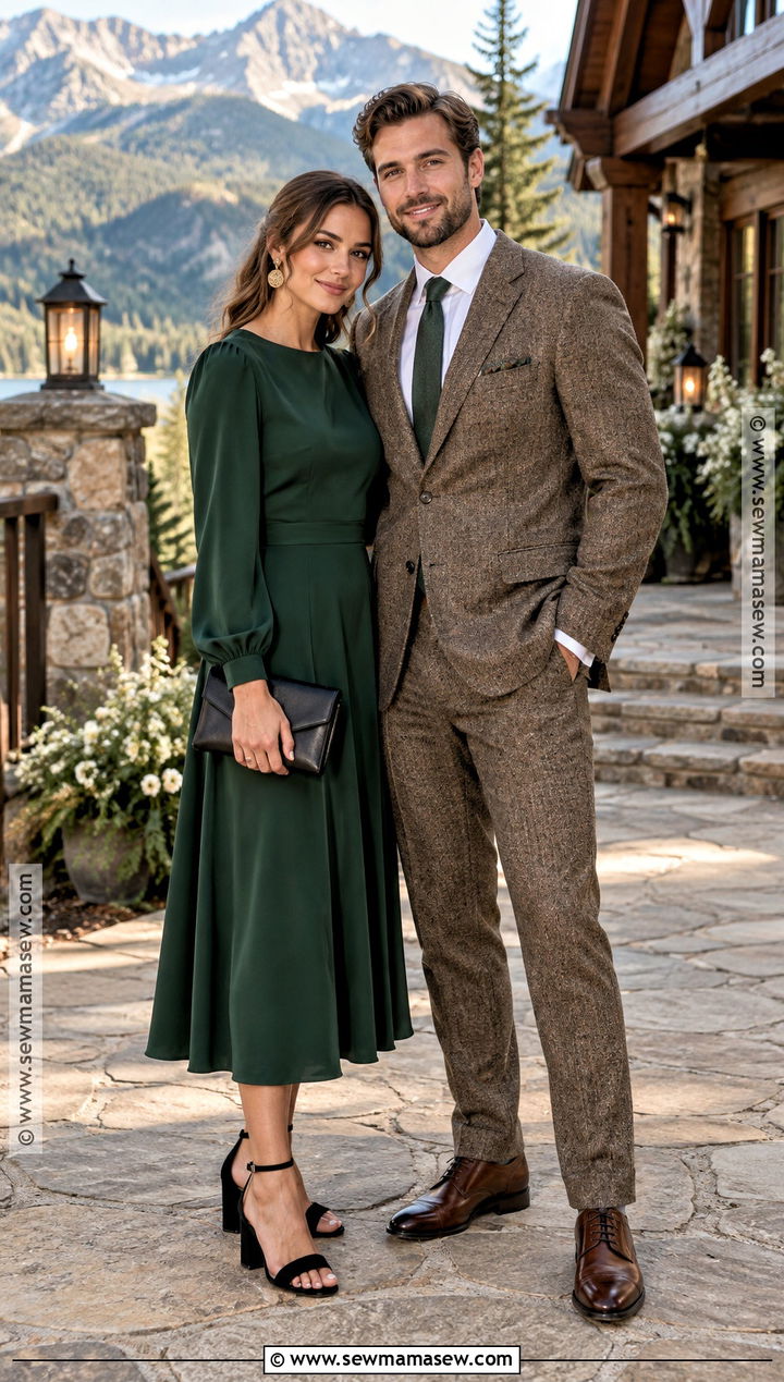 Forest Green Dress And Tweed Suit Fall Wedding Guest Couple Outfit - 20 fall wedding guest couple outfits