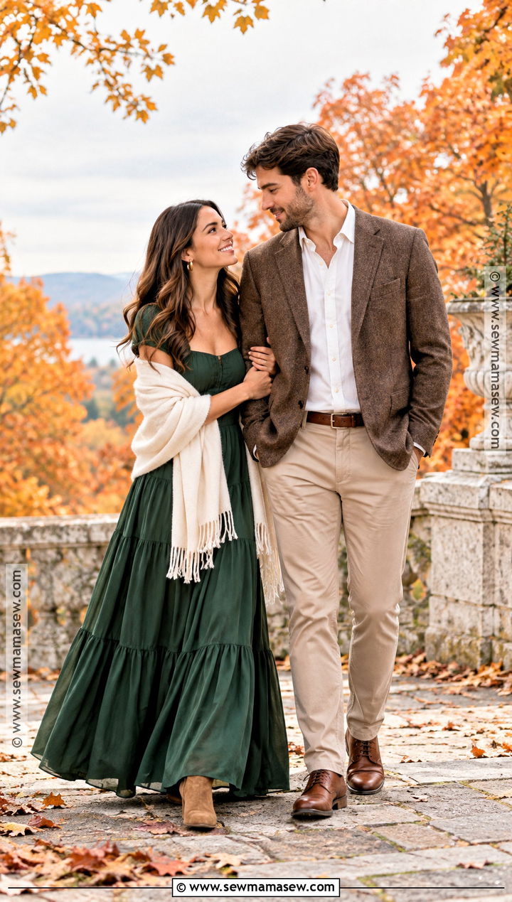 Forest Green Dress Engagement Outfit - 15 engagement photoshoot outfit fall ideas
