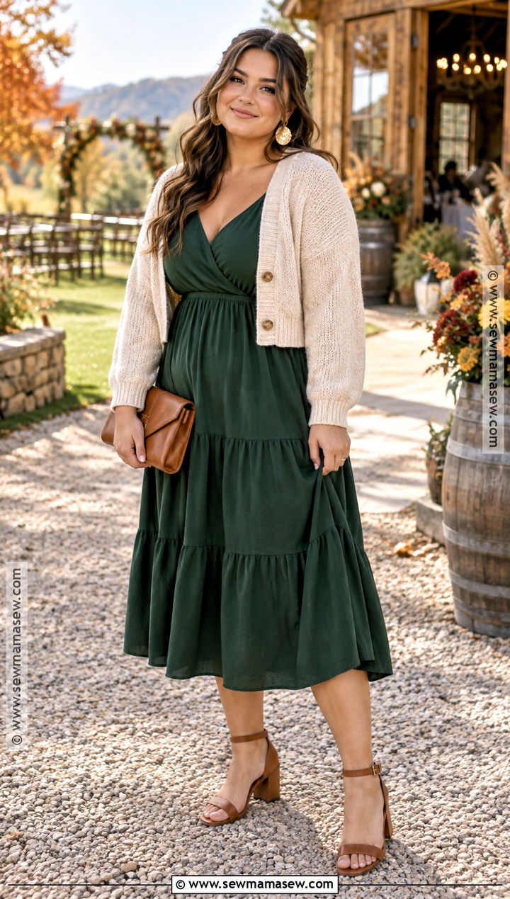 Forest Green Dress With Oatmeal Cardigan - 15 Fall Wedding Guest Dress With Sweater Ideas