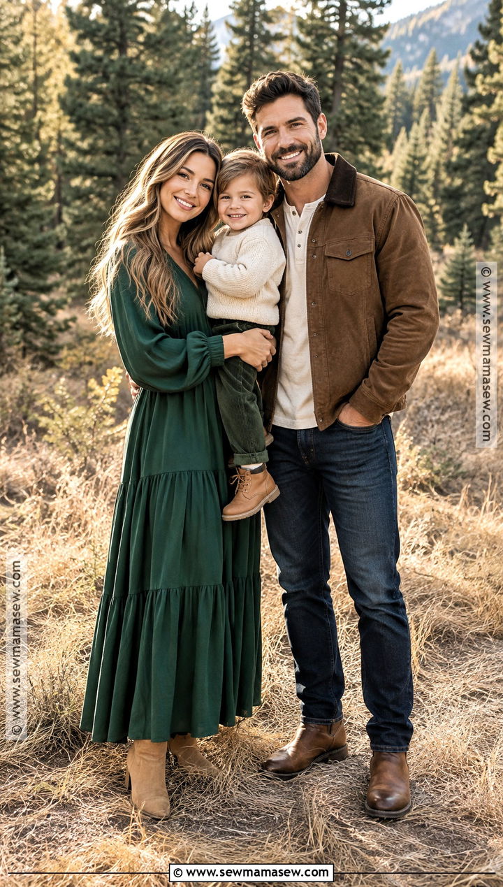 Forest Green Dress and Brown Jackets Fall Family Photoshoot Outfit - 15 fall photoshoot outfits family of 3