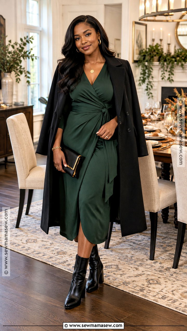 Forest Green Dress and Gold Accessories Thanksgiving Outfit - 20 Black Thanksgiving Outfits