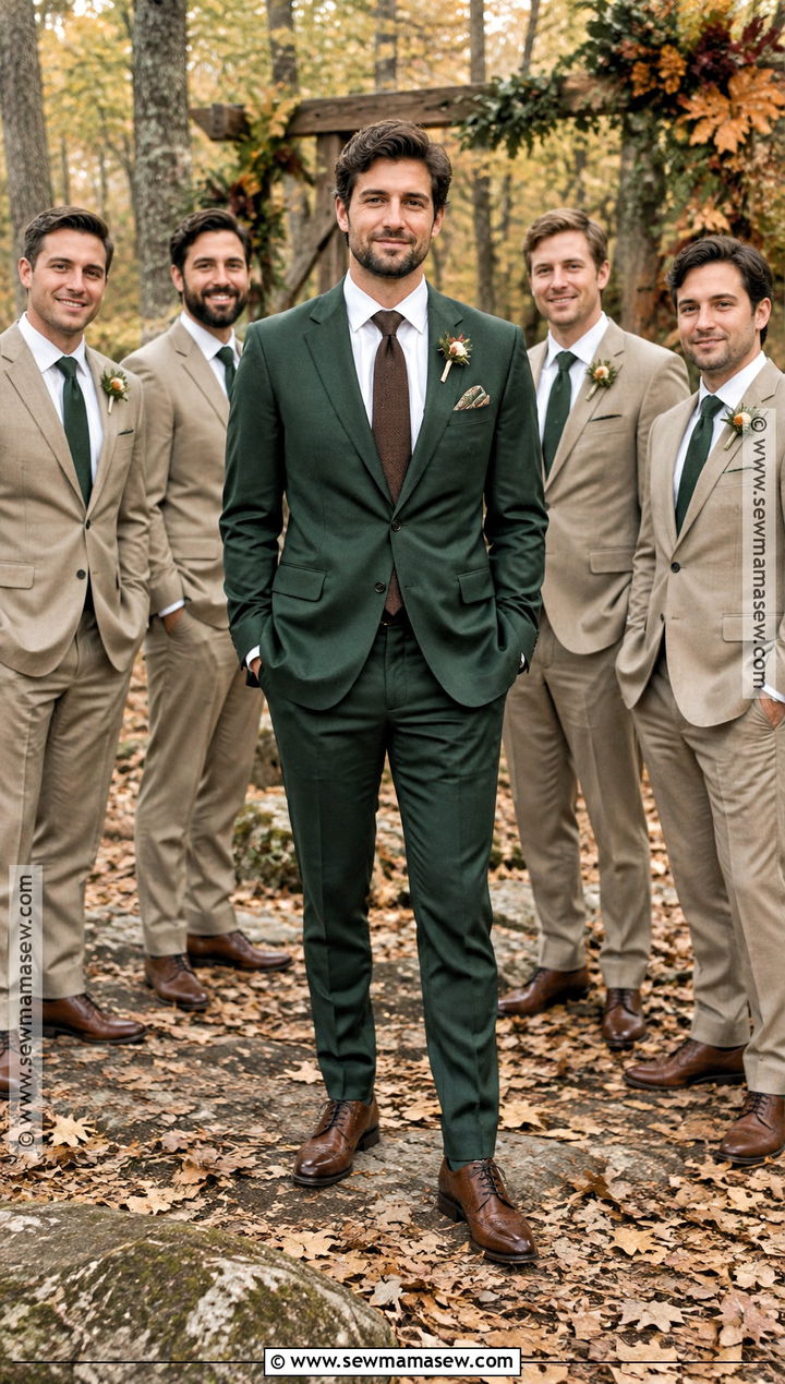 Forest Green Fall Wedding Suit With Tan Groomsmen - 15 fall mens wedding attire groom & groomsmen suits ideas