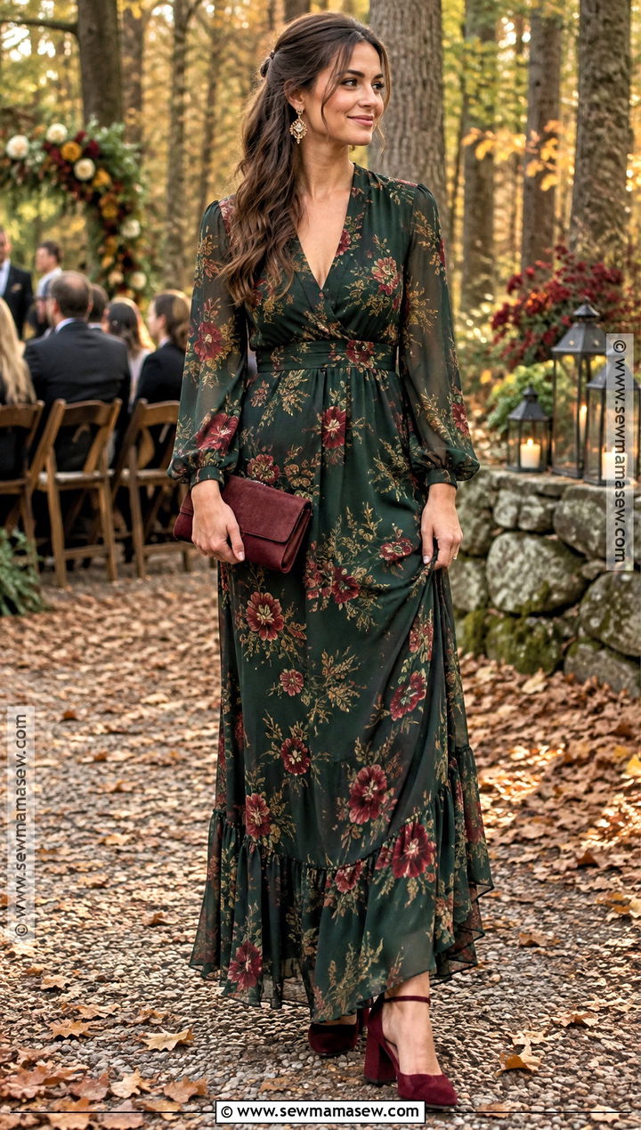Forest Green Floral Maxi Dress - 15 fall wedding party dress ideas