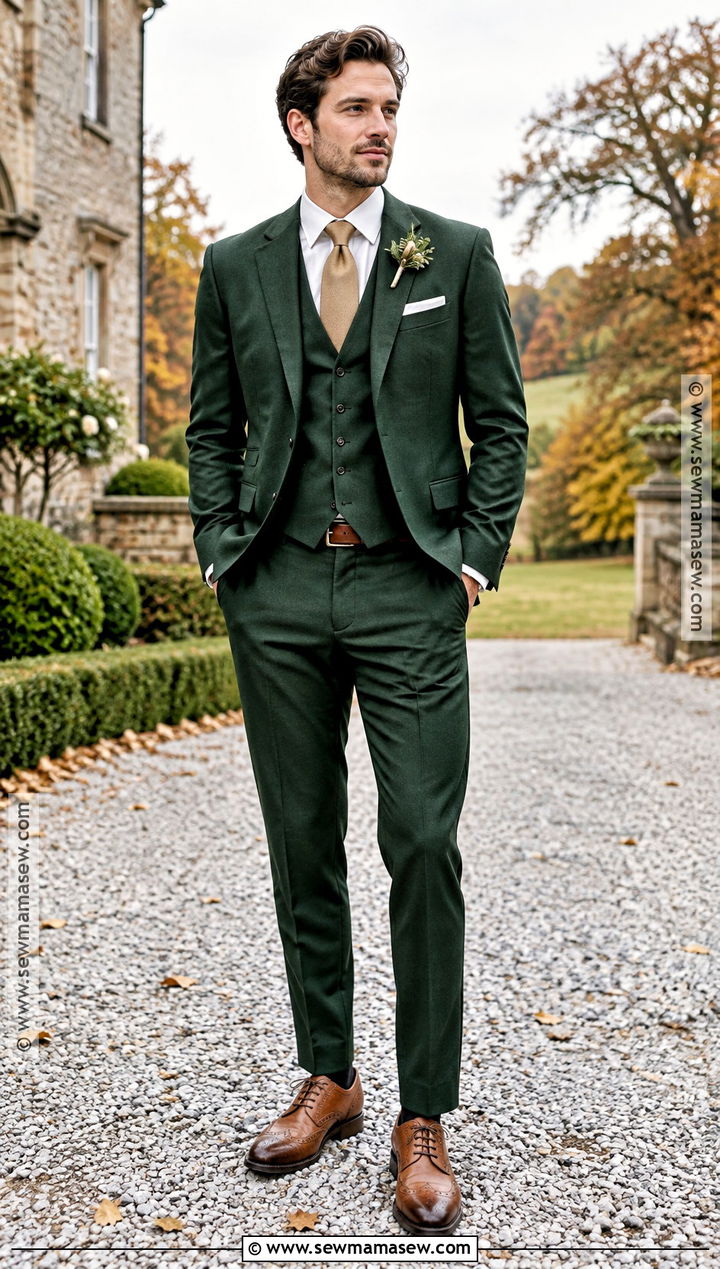 Forest Green Groom Suit With Cognac Brogues - 20 fall groom attire ideas