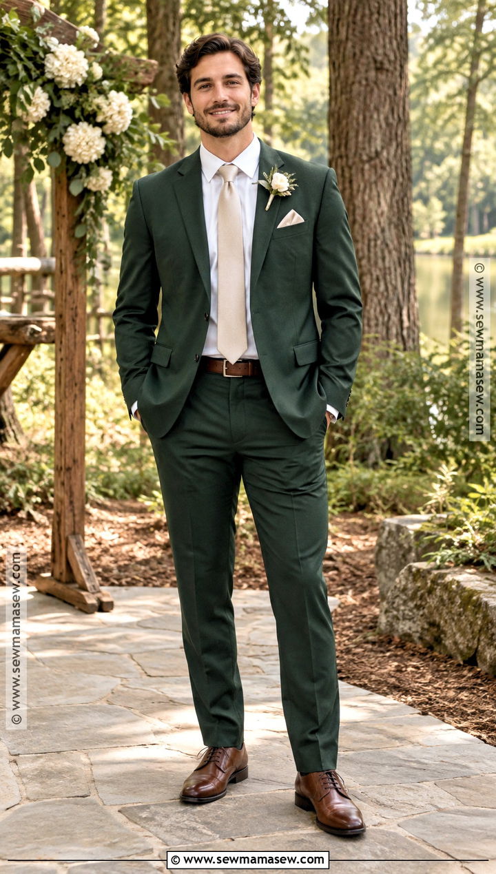Forest Green Groomsmen Suit With Brown Shoes - 25 fall groomsmen attire ideas