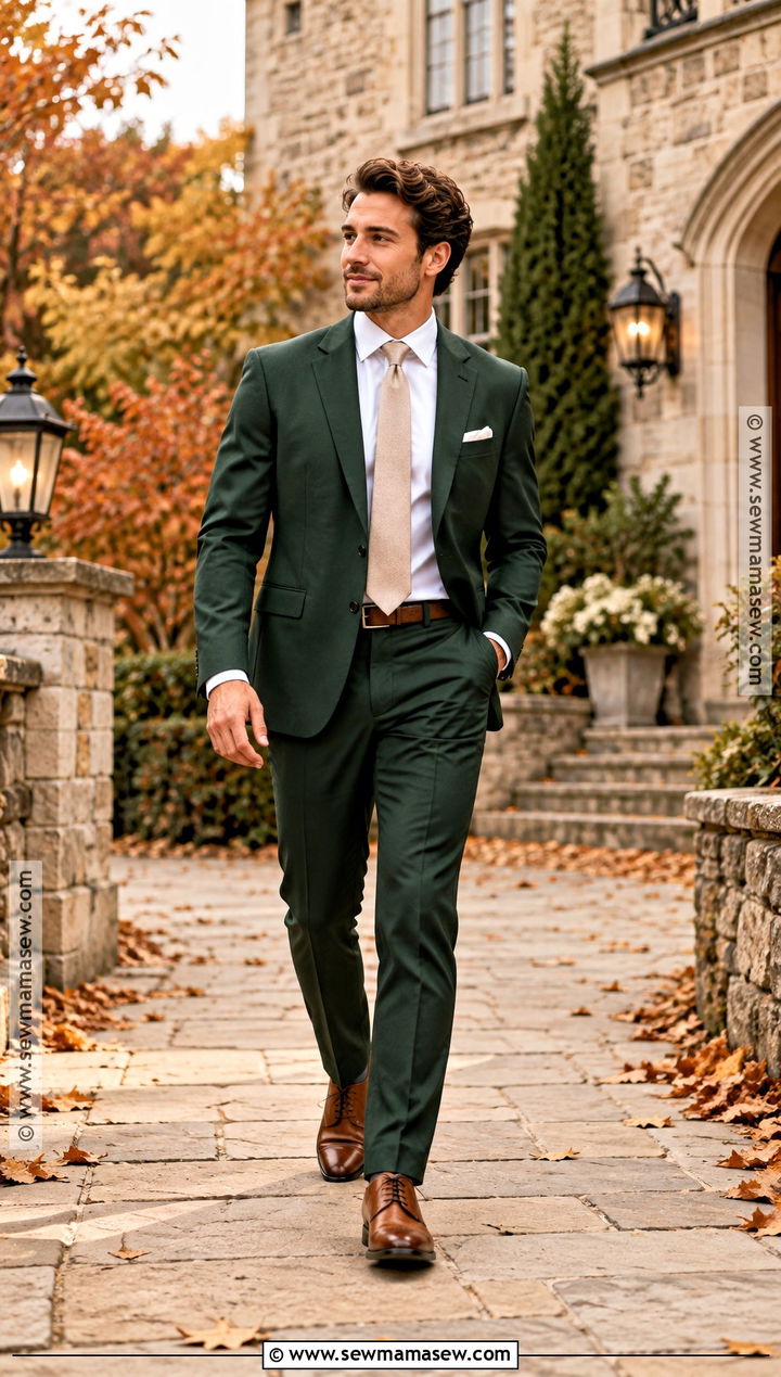 Forest Green Groomsmen Suit With Tan Accessories - 15 fall wedding party attire groomsmen ideas