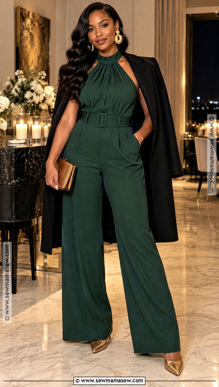 Forest Green Halter Jumpsuit Fall Birthday Outfit - 20 Fall Birthday Fits