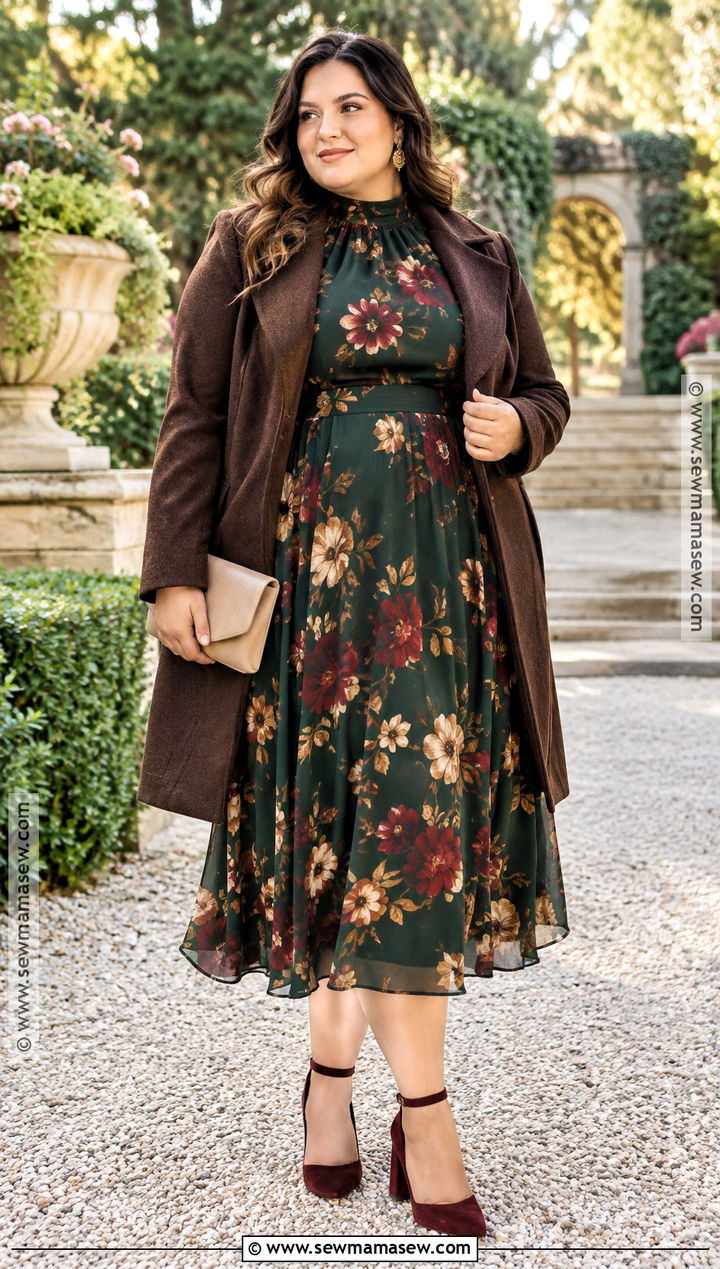 Forest Green High Neck Floral Dress - 15 fall wedding guest dress high neck ideas