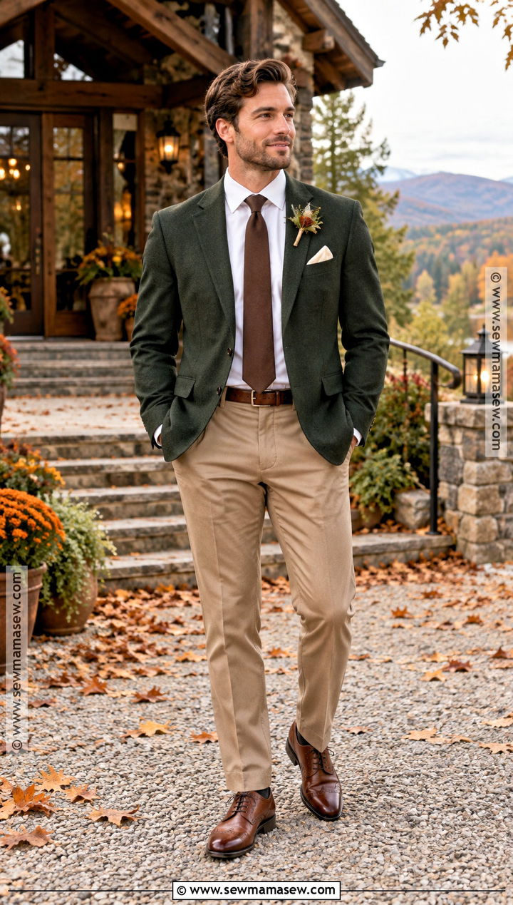 Forest Green Jacket With Tan Trousers Groom Attire - 15 fall country wedding groom attire ideas