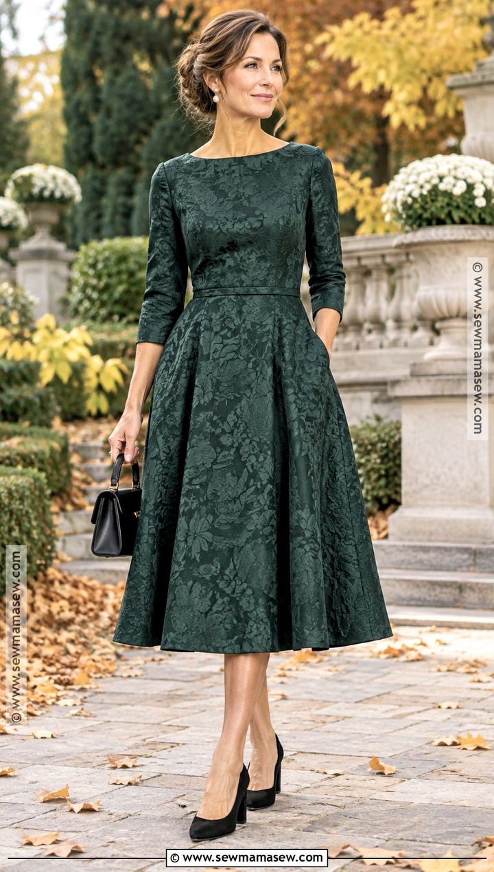 Forest Green Jacquard Mother of the Groom Dress With Black Accessories - 20 mother of the groom dresses for fall outdoor
