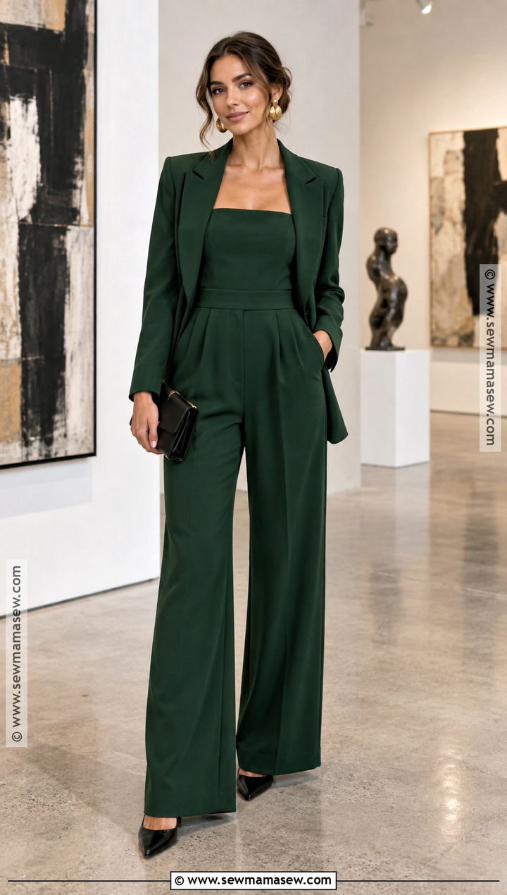 Forest Green Jumpsuit And Blazer Outfit - 15 Formal Fall Wedding Guest Outfit Ideas
