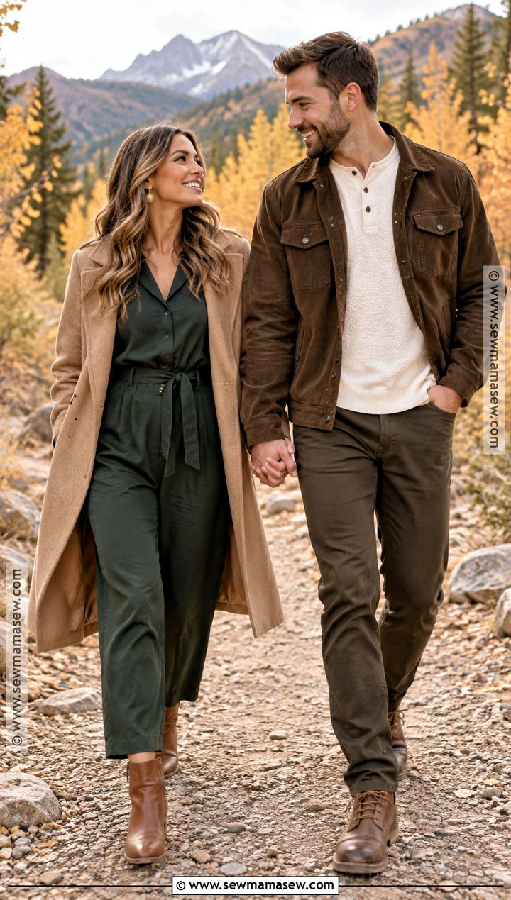 Forest Green Jumpsuit Mountain Engagement Outfit - 15 Fall Mountain Engagement Photos Outfit Ideas