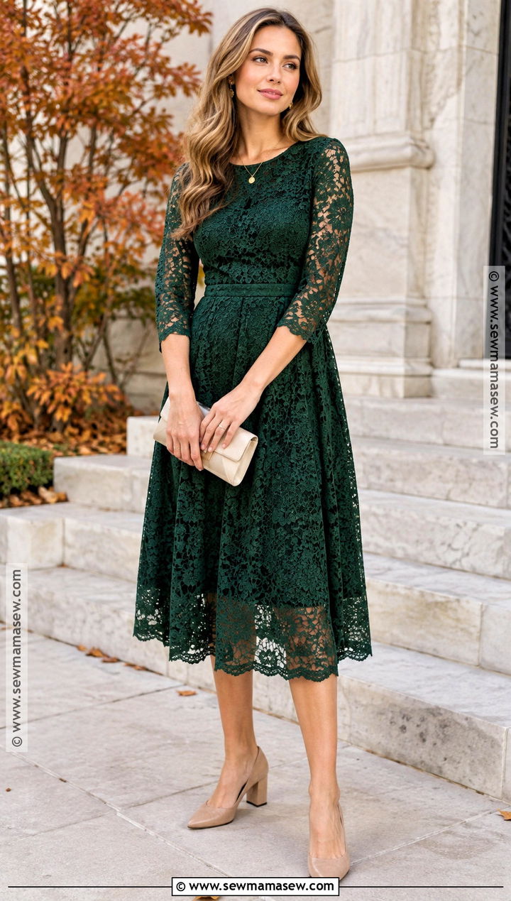 Forest Green Lace Dress With Nude Pumps - 15 Fall Picture Dresses for Women