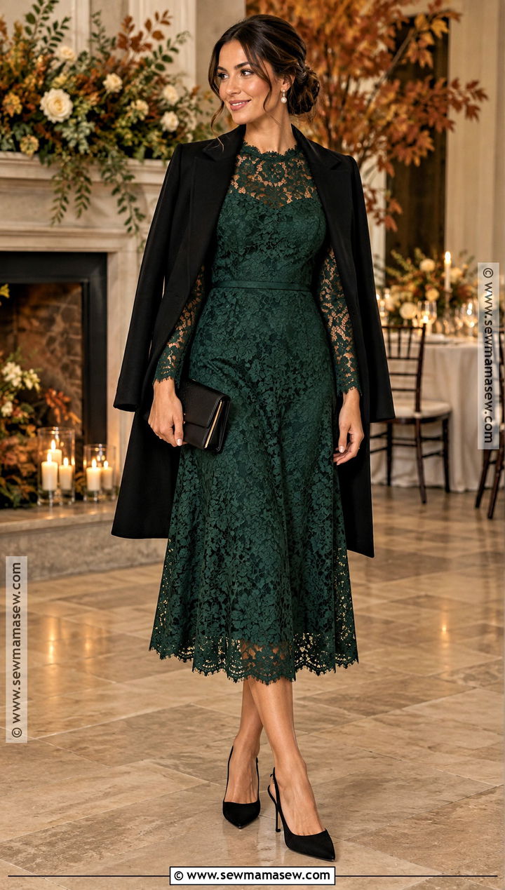 Forest Green Lace Midi Dress Fall Wedding Guest Outfit - 15 Wedding Outfit Fall Guest Ideas
