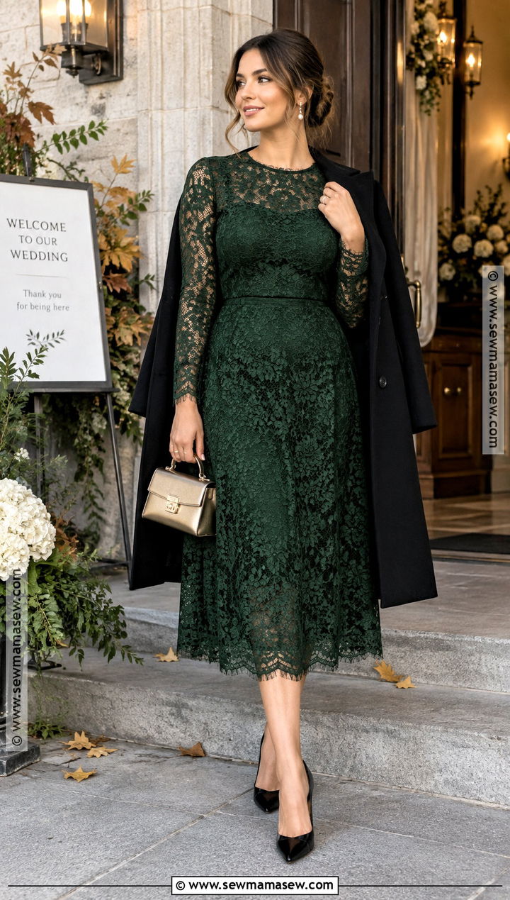 Forest Green Lace Midi Dress Wedding Outfit - 15 fall wedding style ideas