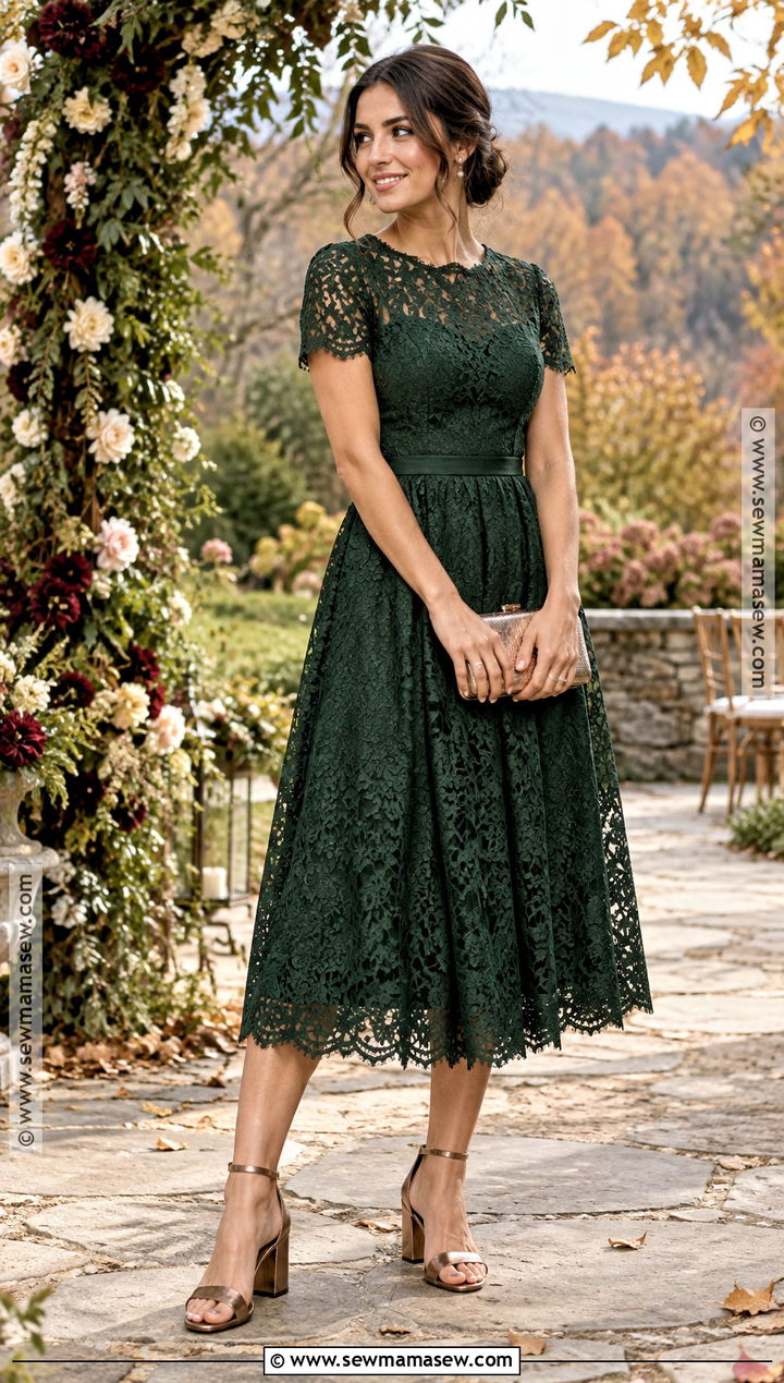 Forest Green Lace Midi Dress - 20 fall garden wedding guest dress ideas