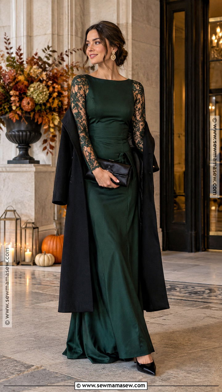 Forest Green Lace Sleeve Dress Fall Formal Outfit - 20 fall outfits formal