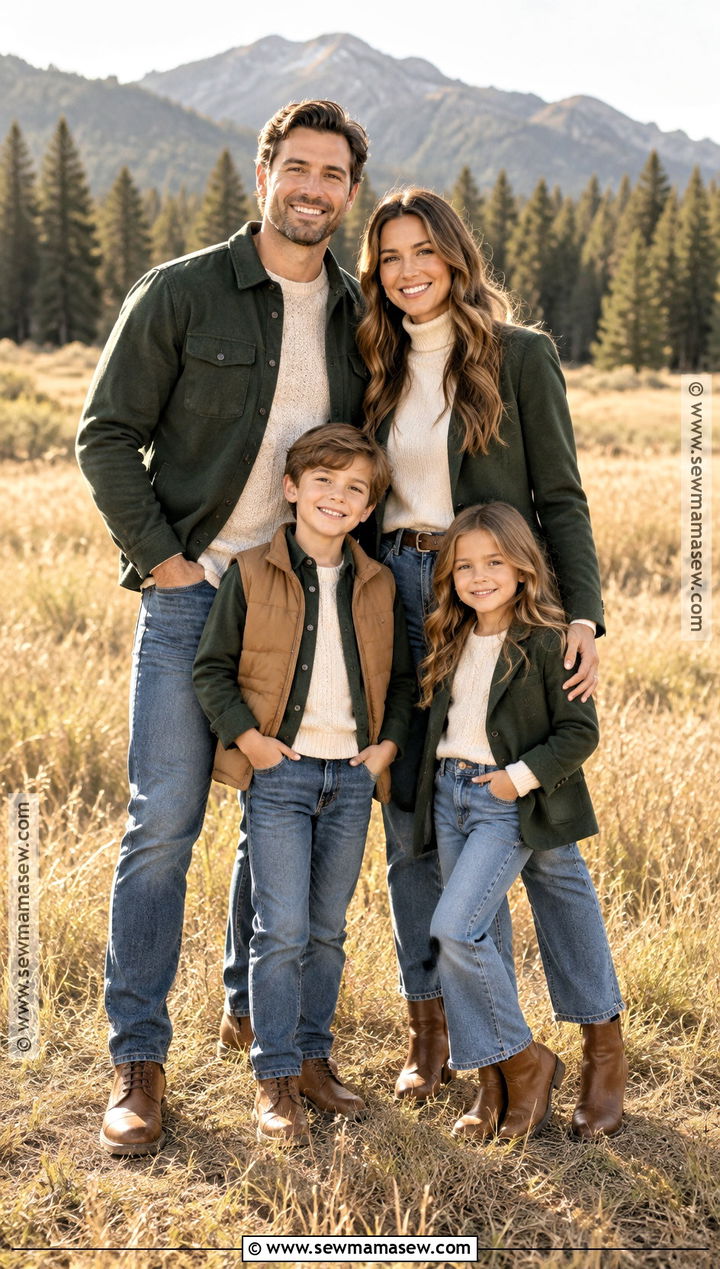Forest Green Layers With Blue Jeans For Fall Family Photos - 20 fall family photos jeans