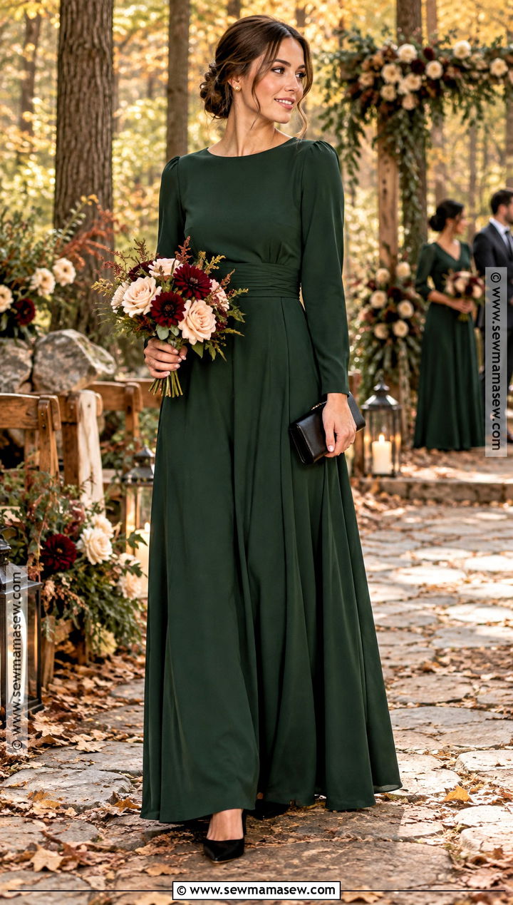 Forest Green Long Sleeve Bridesmaid Dress With Black Pumps - 15 fall bridesmaid dresses mismatched jewel tones