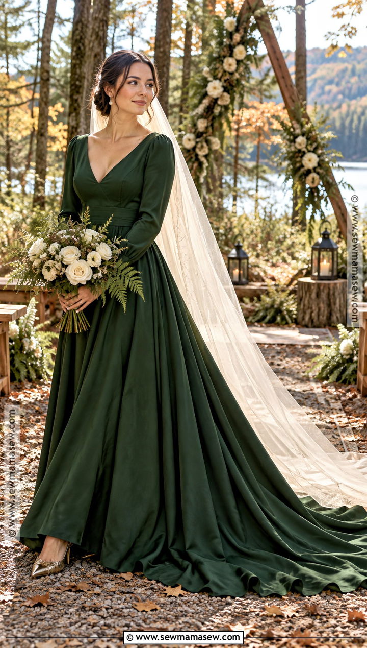 Forest Green Long Sleeve Fall Wedding Dress - 20 fall color wedding dress ideas