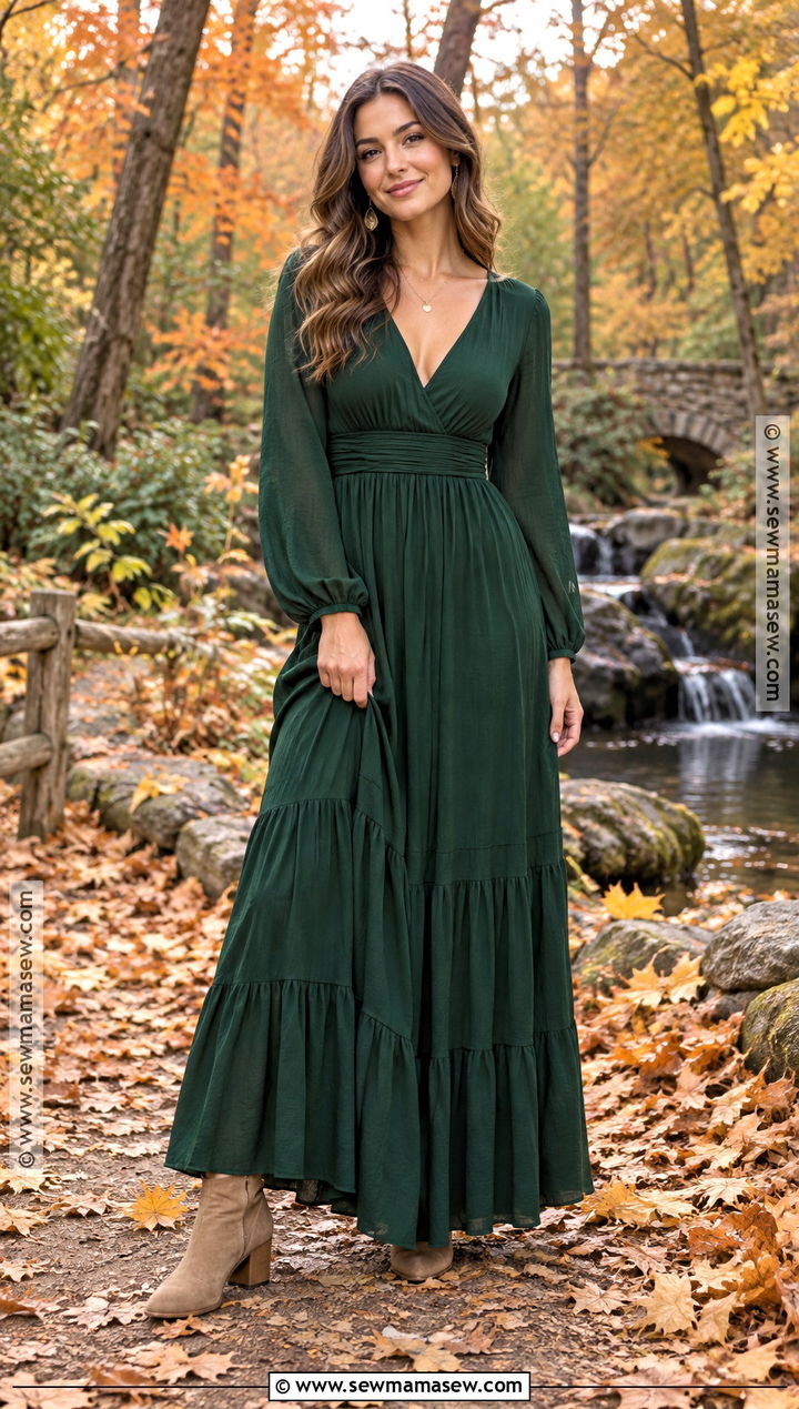 Forest Green Long Sleeve Maxi Dress - 15 fall engagement pictures dress ideas