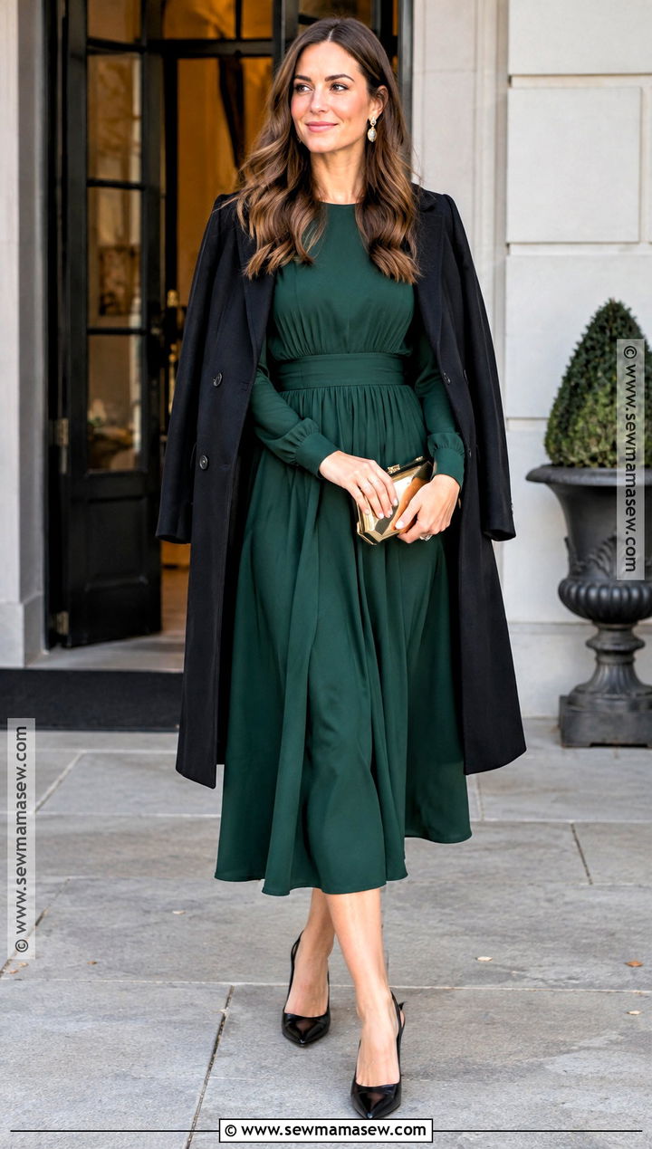 Forest Green Long Sleeve Midi Dress Outfit - 15 Fall Wedding Outfits For Women Guest