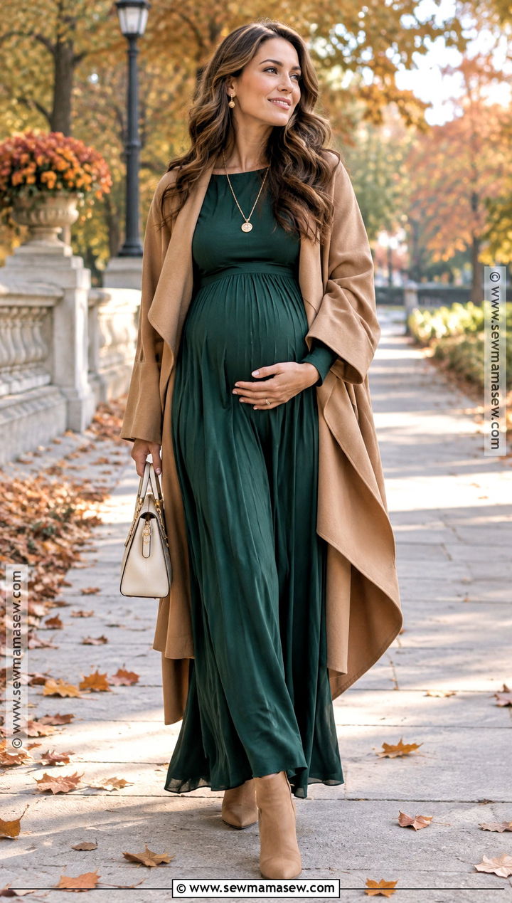 Forest Green Maternity Maxi Dress With Camel Coat - 15 fall dresses maternity